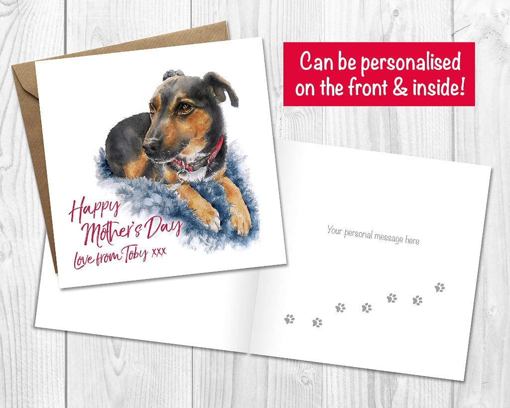 Happy Mother's day card from the dog, personalised on the front with your dog's name, and printed inside with a custom personal greeting
