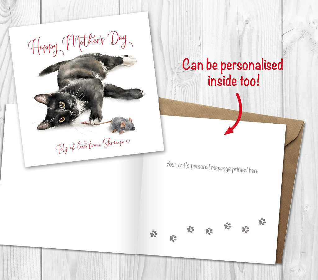 Happy Mother's Day card with a painting of a black tuxedo cat on the front, personalised from the cat with his name, and printed inside with a custom greeting.
