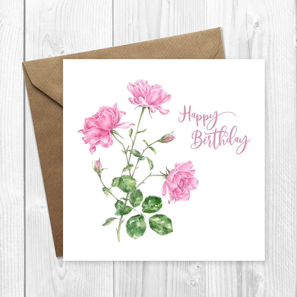 botanical watercolour pink roses birthday card for older woman, traditional style