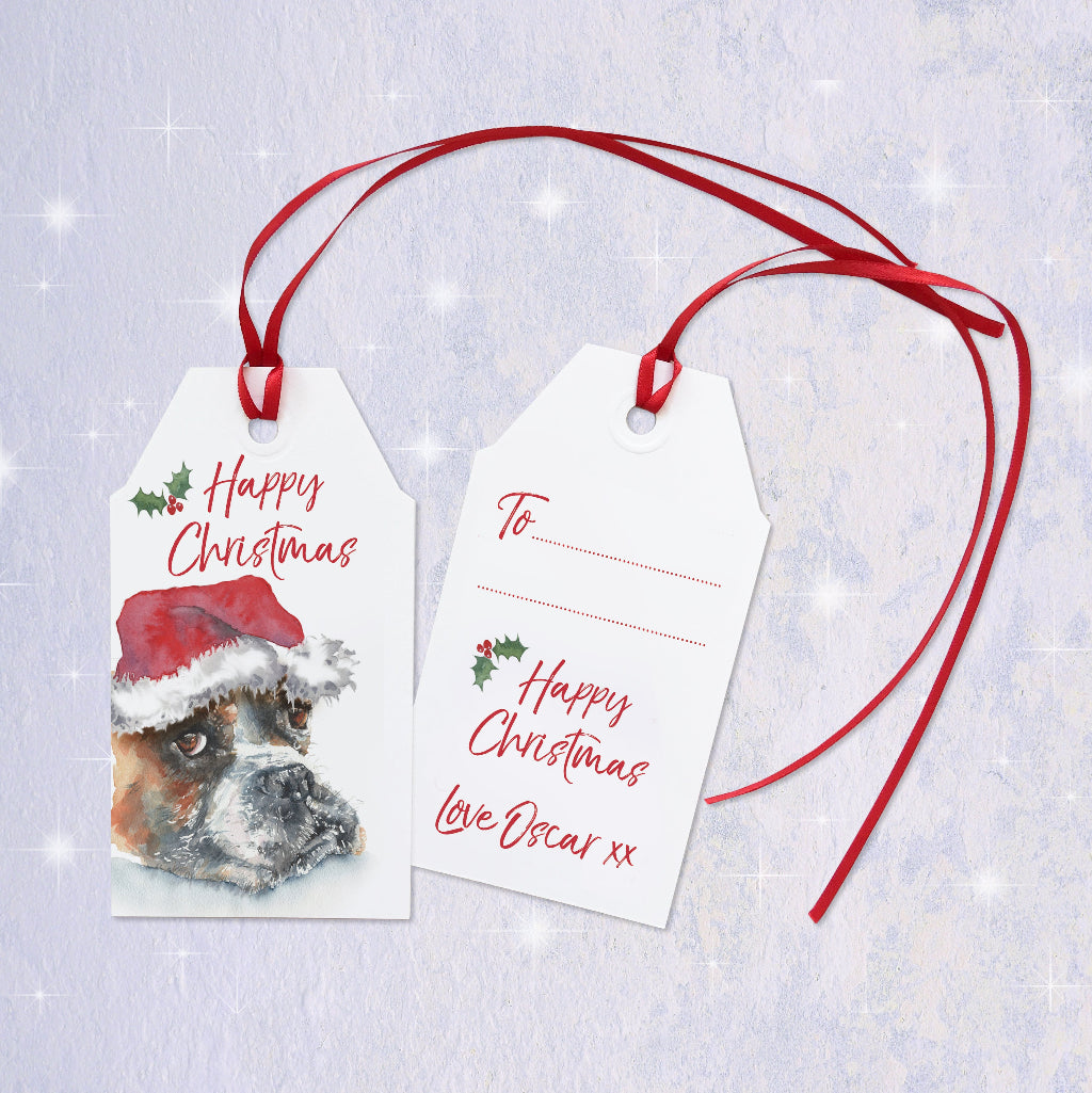 Two Christmas gift tags with a boxer dog wearing a Santa hat, the back is personalised with dog's name