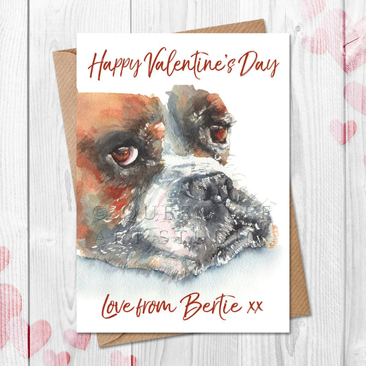 Personalised Happy Valentine's Day card from boxer dog, customised with dog's name on the front