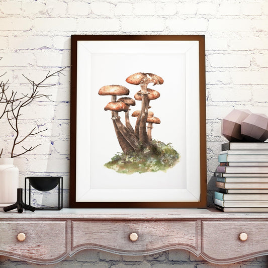 large framed picture of armillaria ostoyae dark honey fungus in neutral cream room setting