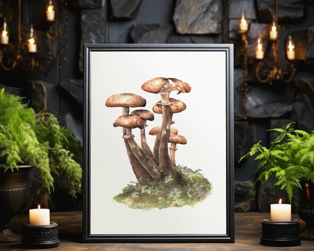 large framed picture of brown fungi in moss in gothic halloween themed room