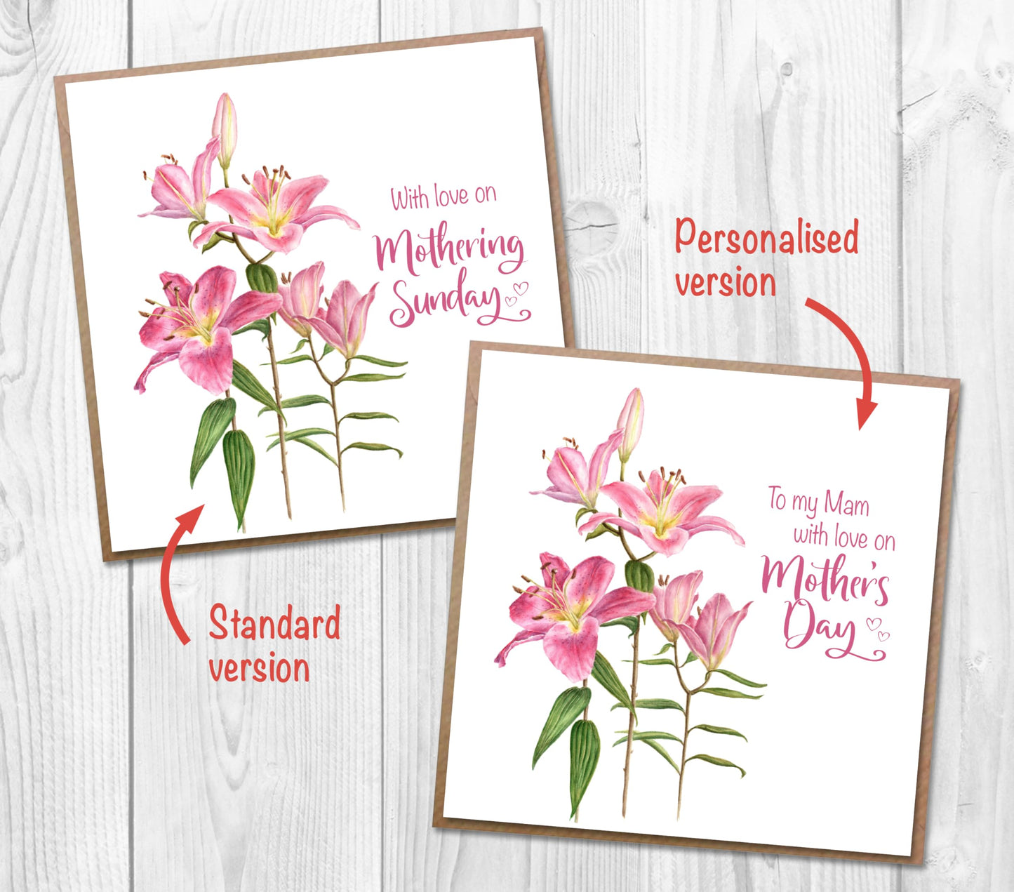 Mothering Sunday Card with Pink Lilies