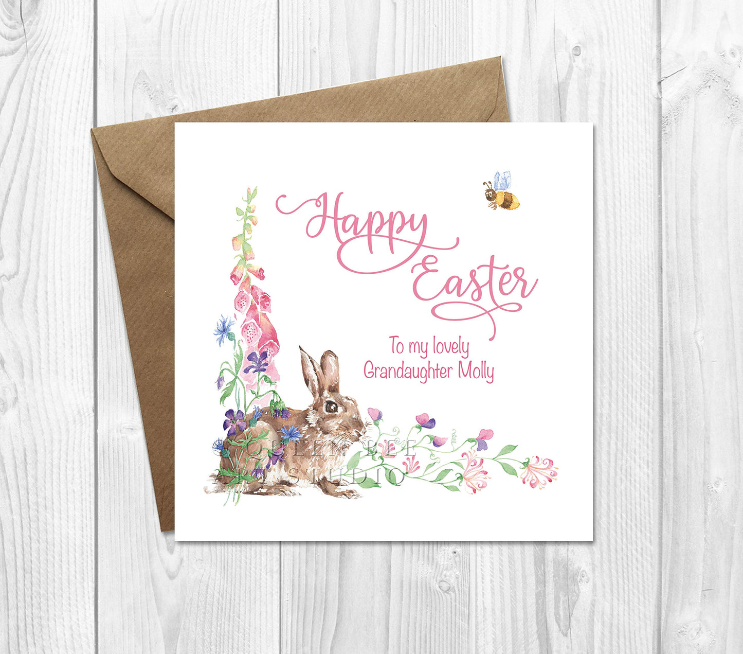Personalised Easter card for granddaughter with Easter bunny, floral Easter rabbit card for child, custom greeting card with spring flowers