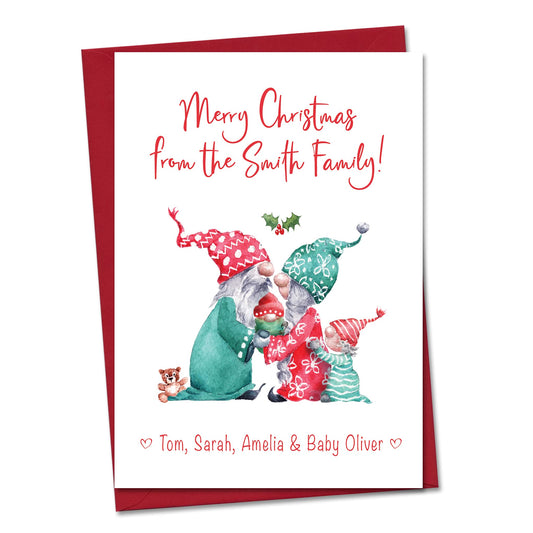 Cute Gnome Personalised Christmas Cards from Family of 4 with new baby - multipack