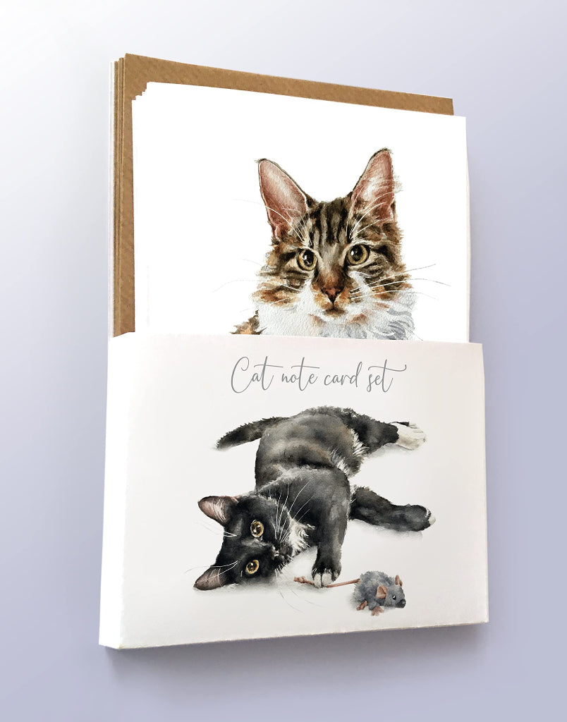 Cat note card set in a gift pack with beautiful cat paintings on the cards