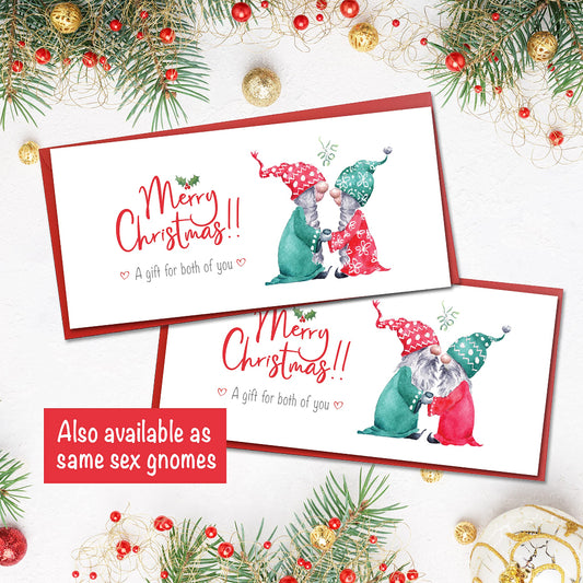 2 christmas gift money wallets for both of you with same sex gnomes on front suitable for gay men and lesbian couples