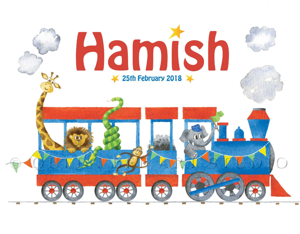 Close up of personalised print with red name with cute jungle animals in blue and red steam train