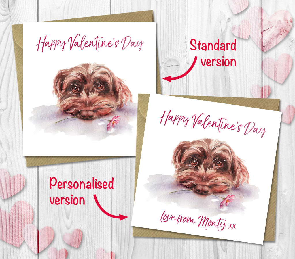 2 Happy Valentine's Day cards with a cute illustration of a brown cockerpoo dog holding a pink flower in his mouth. It shows personalised card printed with the dog's name and a standard card