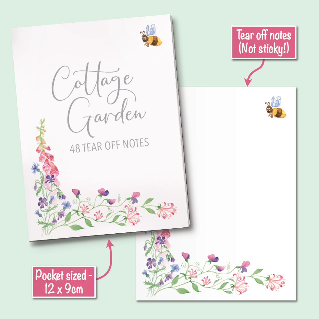 Cottage Garden 12 x 9 cm pocket-sized memo pad with 48 tear off notes, featuring a floral watercolor border and a small bee illustration on a pale mint green background with pink callout labels.