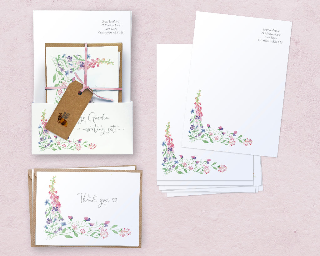 Personalised cottage garden writing set with thank you cards, in pretty presentation pack, with pink ribbon and bumble bee gift tag