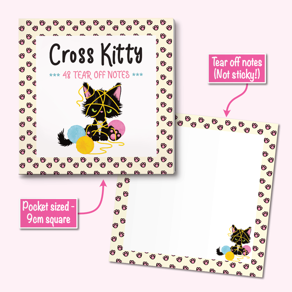 A pocket-size notepad set featuring a cute black cat illustration with a paw-print pattern border. The notepad includes text reading 'Cross Kitty' and '48 TEAR OFF NOTES', with additional text callouts noting tear-off notes are not sticky and the pocket size is 9cm square.