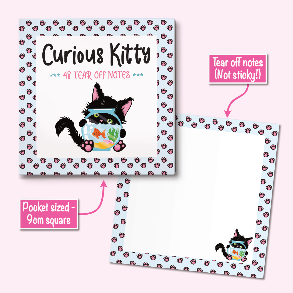 Curious Kitty pocket size notepad set featuring a cute black cat illustration looking in a fishbowl, with a pale blue paw-print patterned border, shown with tear off notes and product callout labels on a pale pink background.