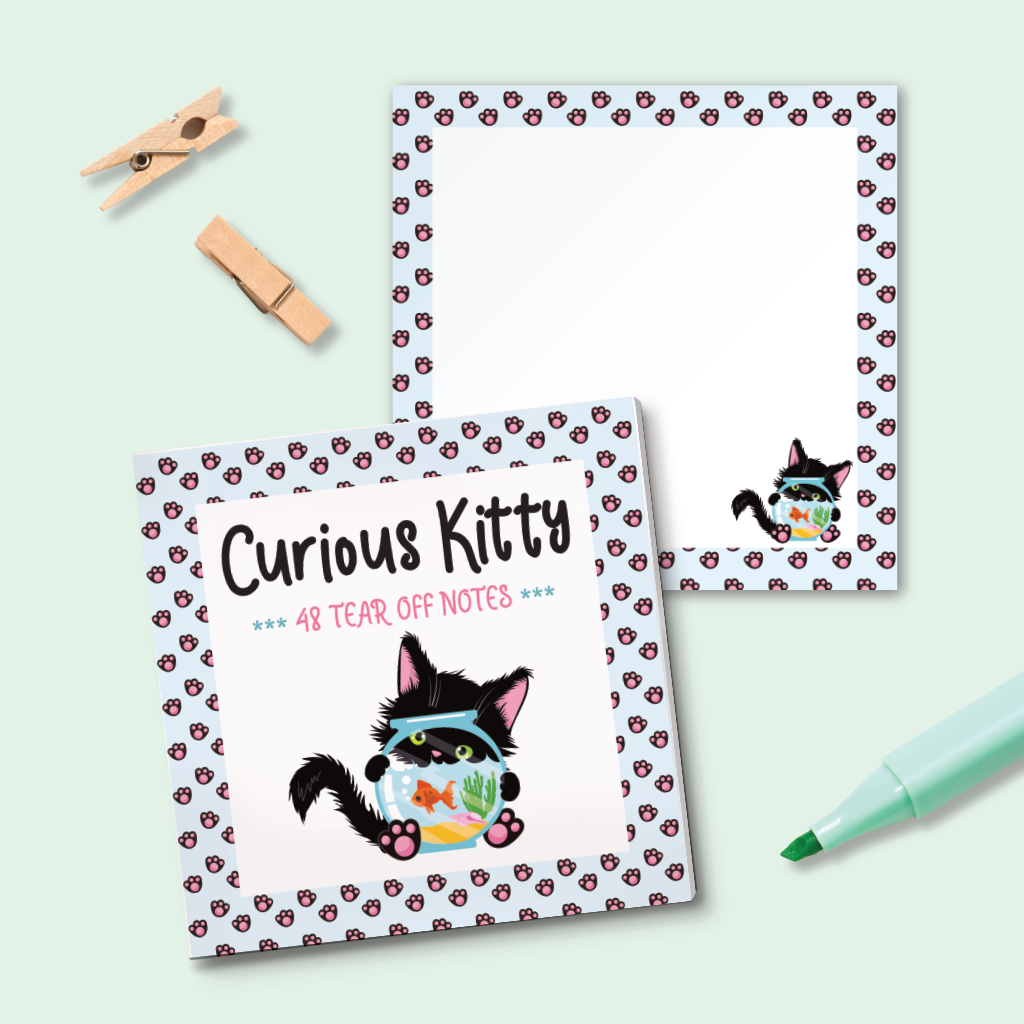 A set of tear-off notes featuring a cute black cat illustration holding a fishbowl, with the title 'Curious Kitty' and the text '48 TEAR OFF NOTES' on the cover. The notes have a pastel blue border patterned with small pink paw prints and a little cat cartoon.