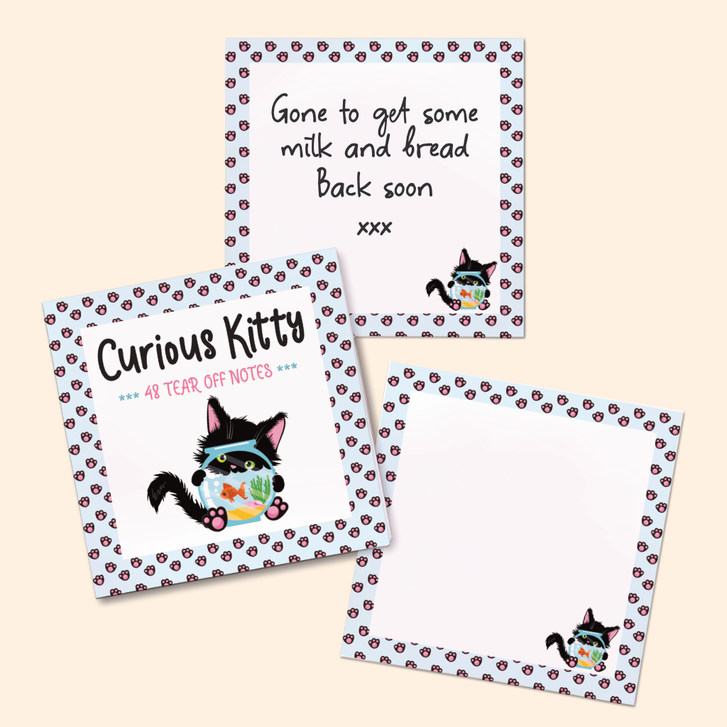 A notebook with two square tear-off pages arranged on a light beige background. The pages are white center with a pastel blue border with paw prints, and a cute black cat cartoon looking in a fishbowl.