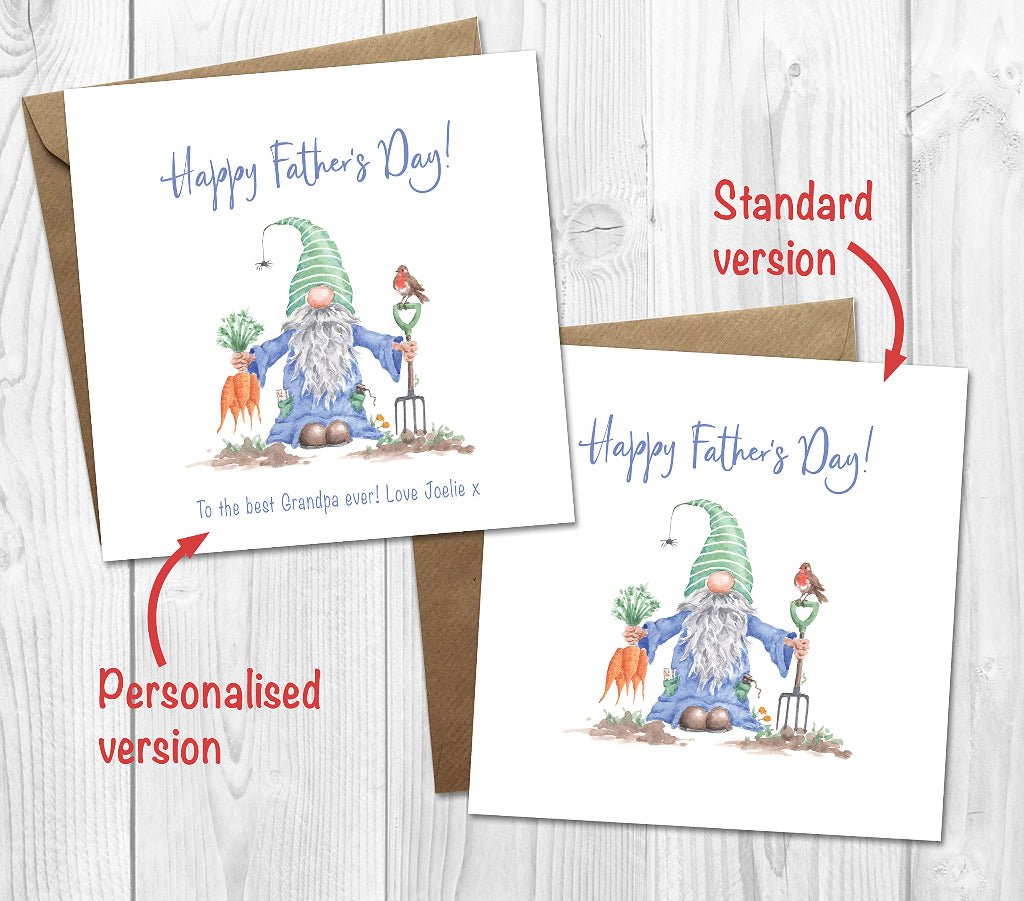 2 customized garden gnome fathers day cards