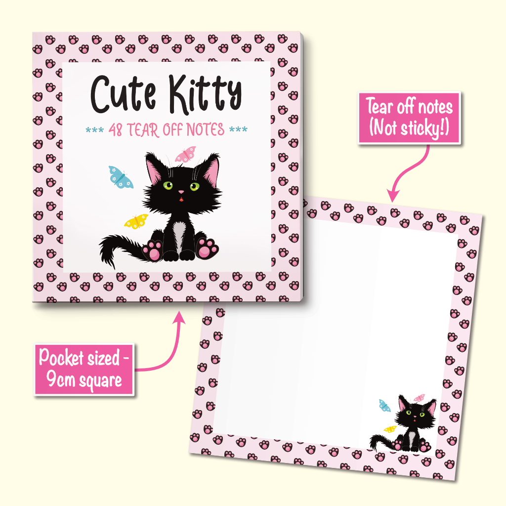 A pocket sized note pad with a cartoon illustration of a cute black kitten surrounded by butterfiles. An example tear off page is shown with a pastel pink paw print border and little cat illustration in the corner.
