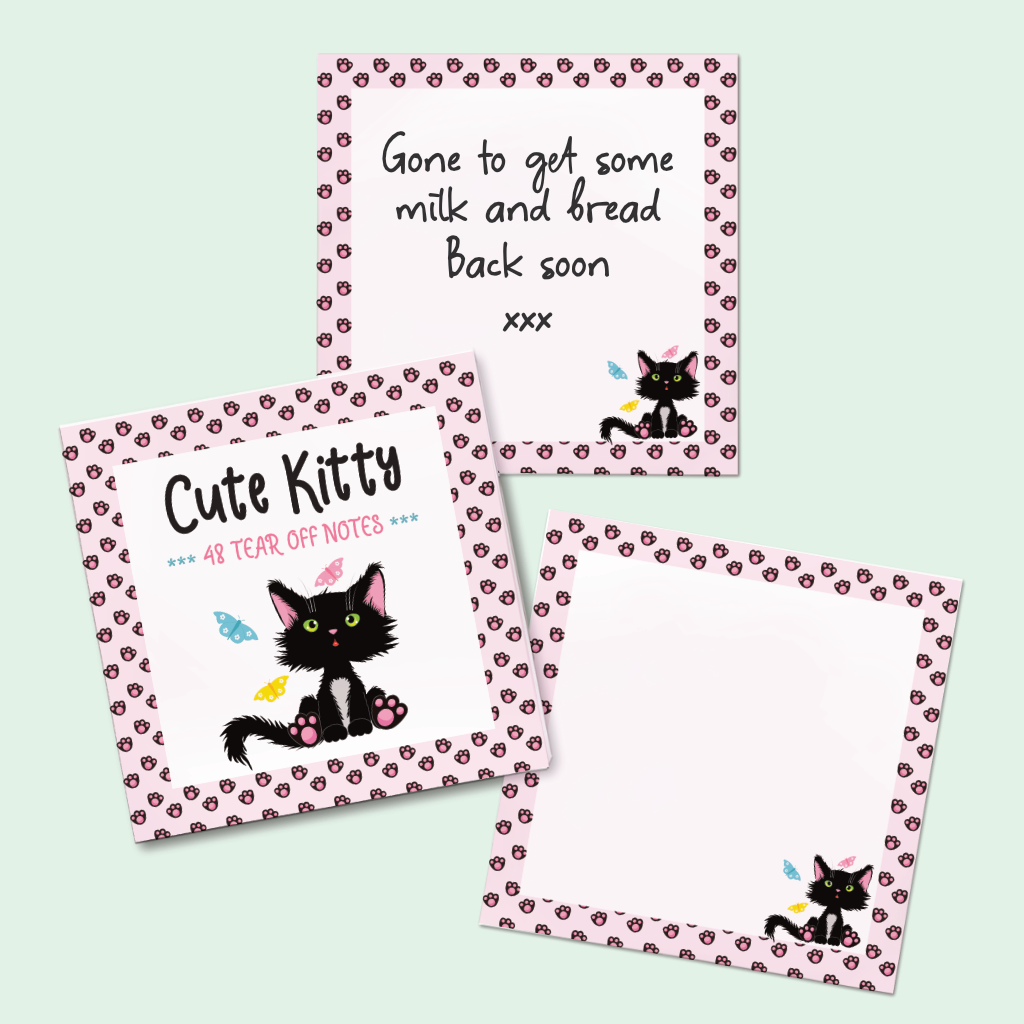 A small cat notepad with 48 tear-off note cards with a pink patterned paw print border and a black-and-white kitten illustration, arranged on a pale mint background. 2 pages are shown with a short message written on it
