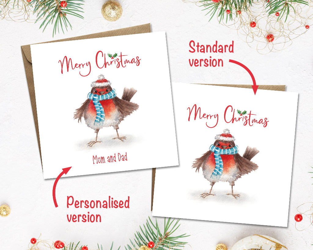 2 Merry Christmas cards with a sweet robin picture, showing how the card can be personalised