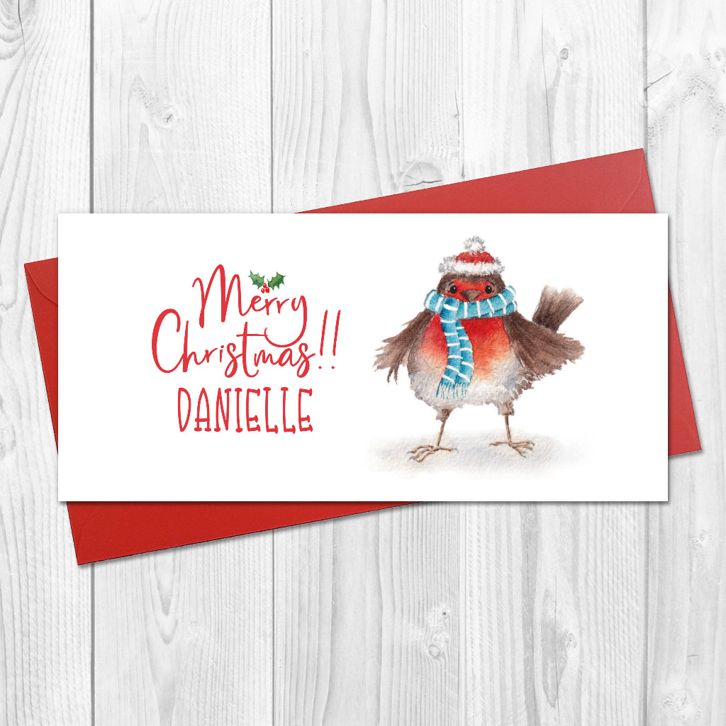 Christmas card with a cute robin illustration and personalized text, with a red envelope