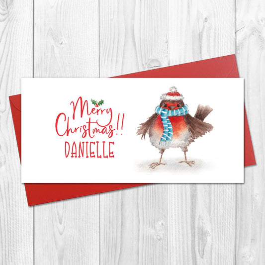 Christmas card with a cute robin illustration and personalized text, with a red envelope