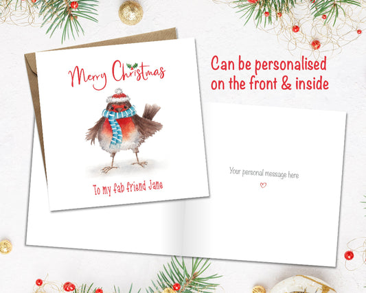 Cute robin Christmas card showing how the card can be personalised on the front and printed inside with a custom message