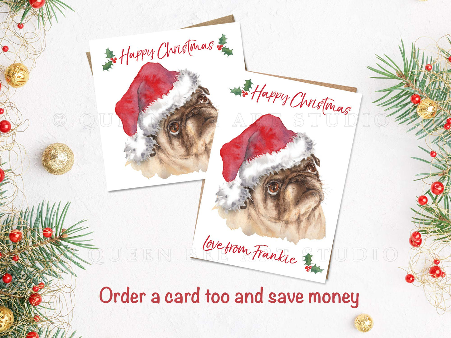 Set of 6 Cute Pug Christmas Gift Tags with Ribbon – can be Personalised