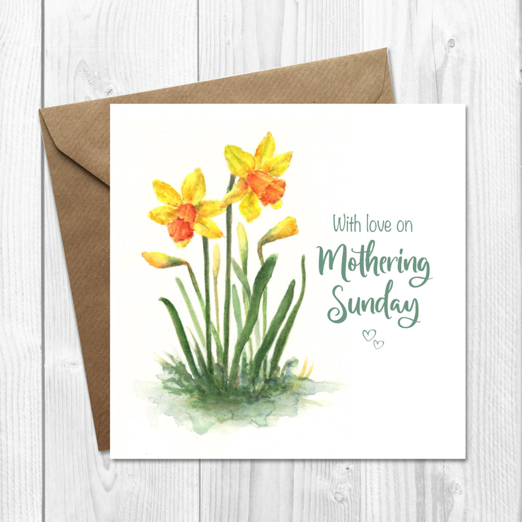 Mothering Sunday card with an illustration of daffodils on the front