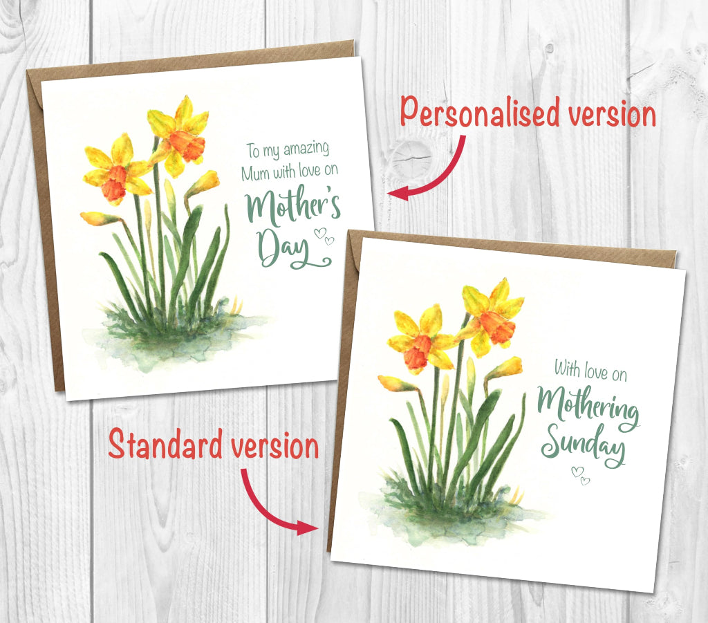 Shows different versions of daffodil mother's day and mothering sunday cards - Personalised and standard options