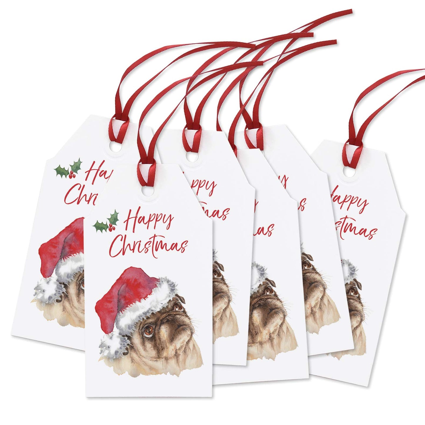 Set of 6 Cute Pug Christmas Gift Tags with Ribbon – can be Personalised