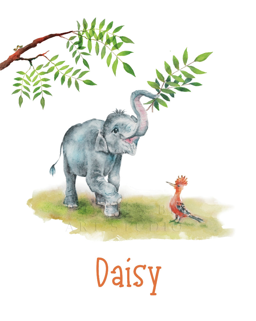 Close up of personalised artwork of baby elephant playing with a branch with an orange hoopoe bird looking on