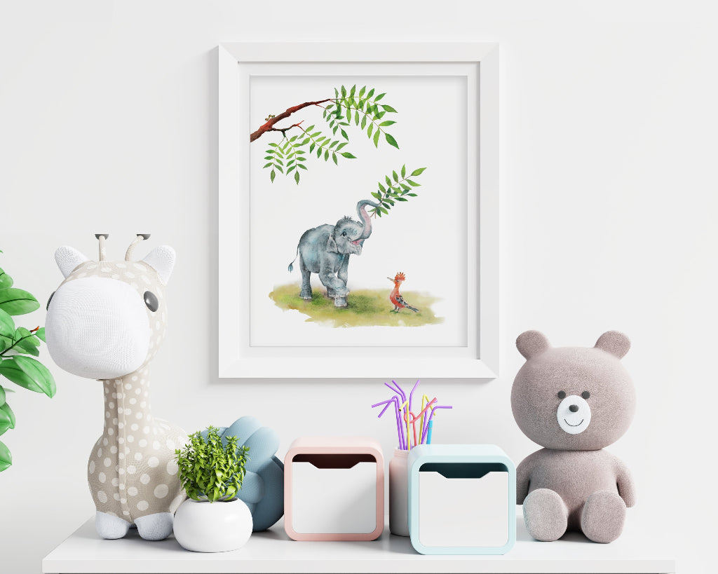 framed picture of cute baby elephant and bird in a safari or jungle themed childs bedroom, nursery or playroom