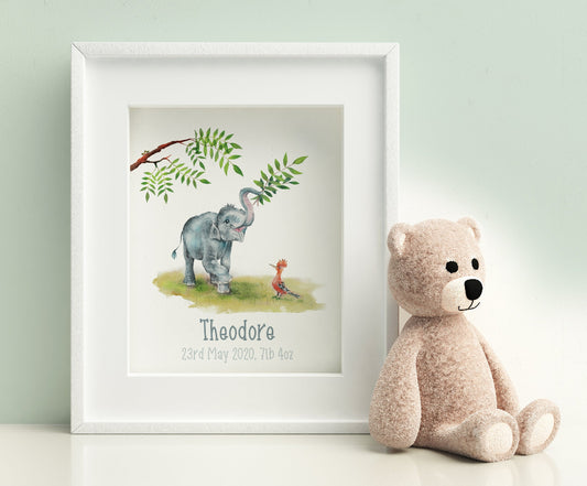 small personalised jungle themed print of cute baby elephant and bird, printed with name in gender neutral grey