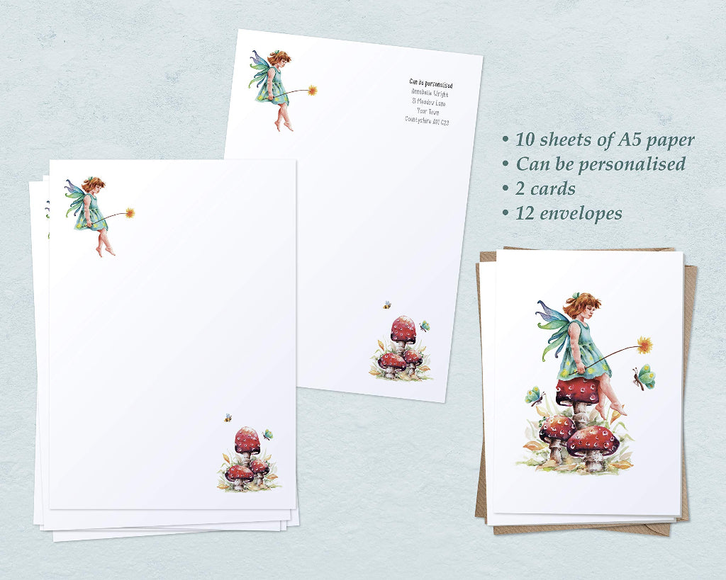 personalised writing paper with fairy and toadstool with matching greeting cards, suitable gift for young girls, tween and teenagers