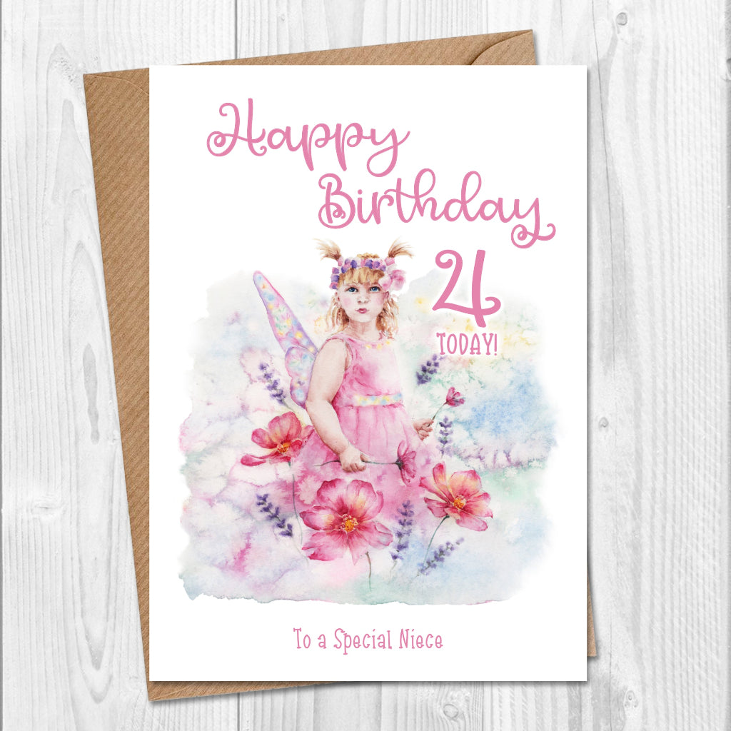 Birthday card for 4 year old girl with an illustration of a fairy in a pink dress