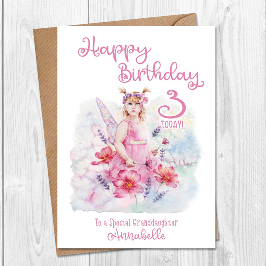 Happy Birthday card for 3 year old special granddaughter, with a pink flower fairy on the front