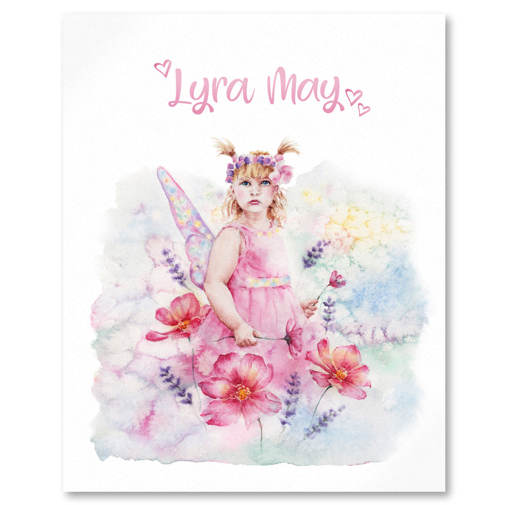 close up of personalised art print with pretty fairy girl in pink dress and pastel coloured flowers