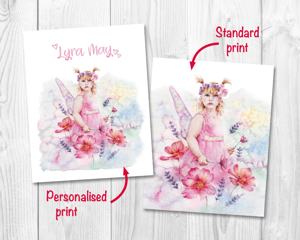 2 flower fairy art prints for baby girls, one personalised with name in pink and one standard print