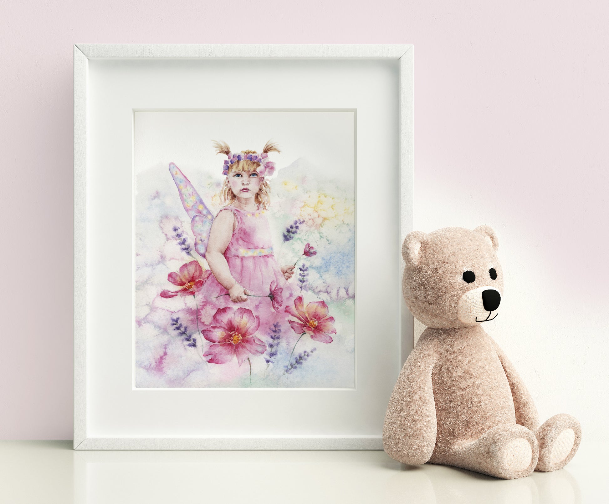 framed picture of realistic fairy standing in pink pastel flowers