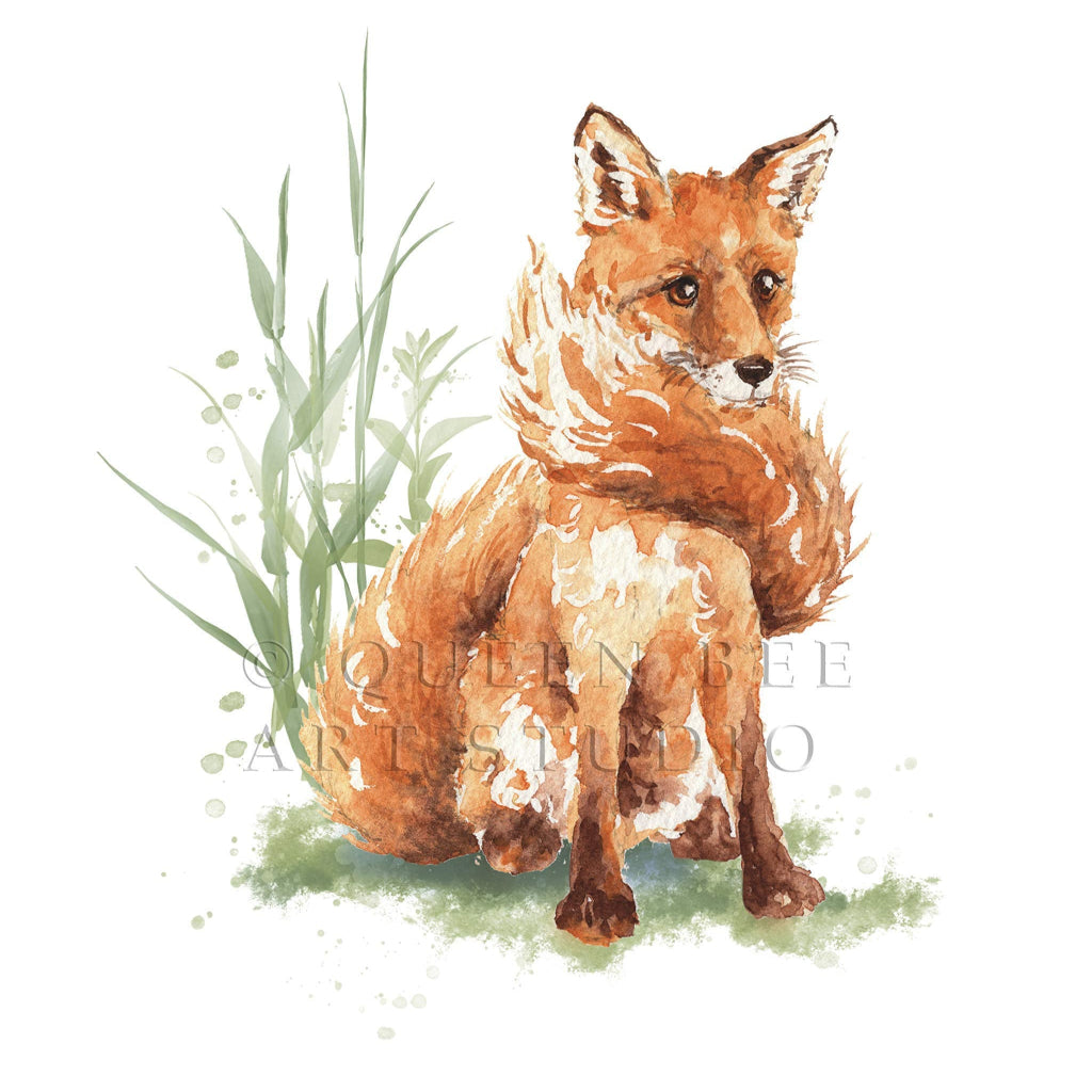 close up detail of watercolour red fox with bushy tail in long grass