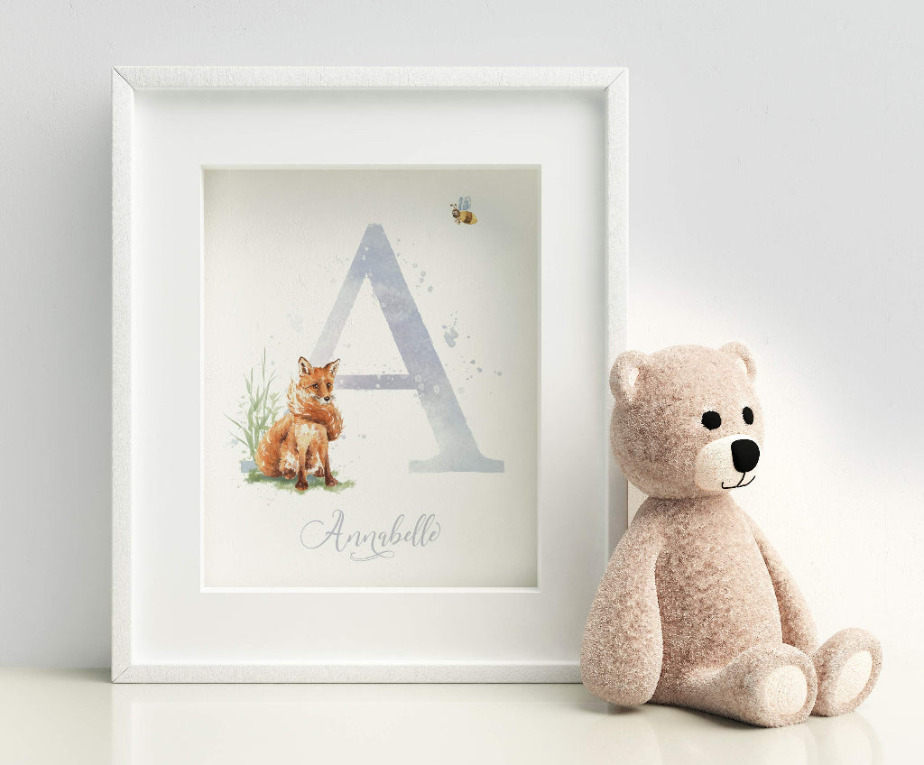framed monogram print with cute red fox and big initial letter for girl or boy with name in neutral lilac grey script font