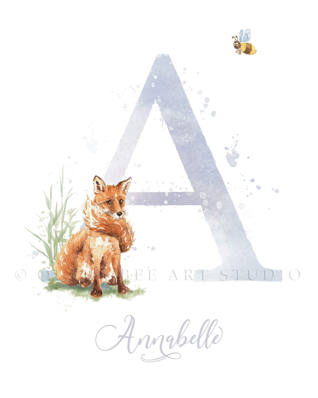 close up of red fox and bumble bee monogram print showing big letter with name underneath in chalky lilac colour