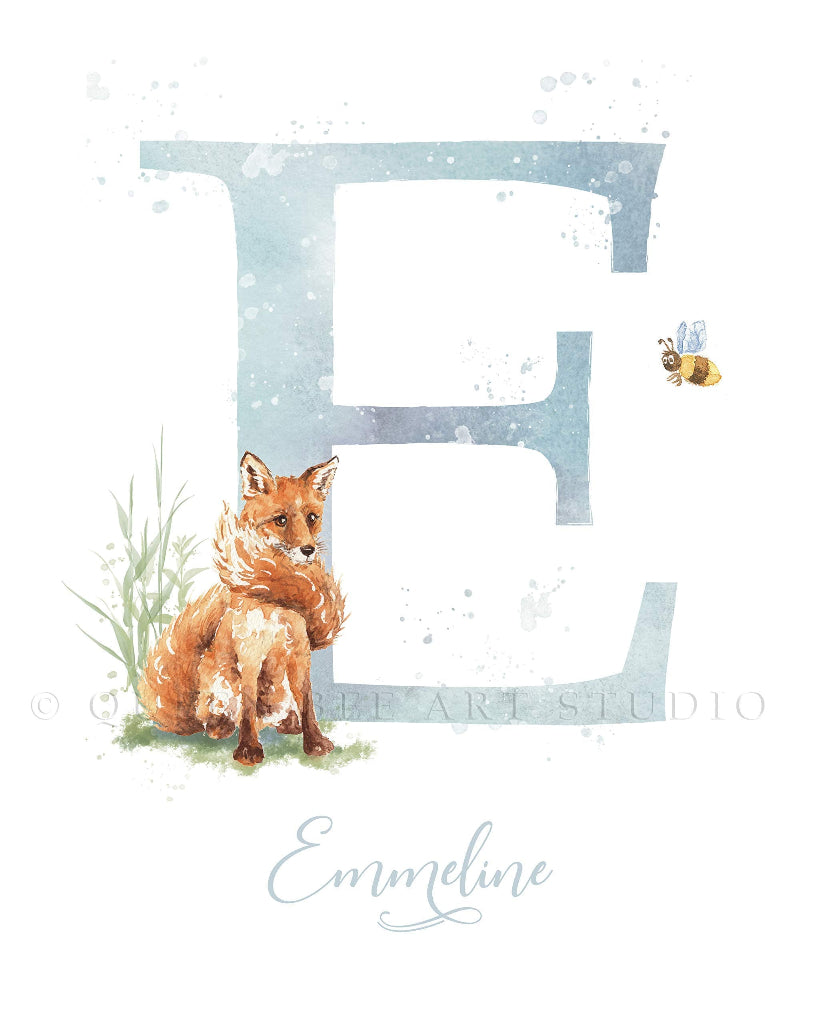 close up of personalised fox initial print in duck egg blue