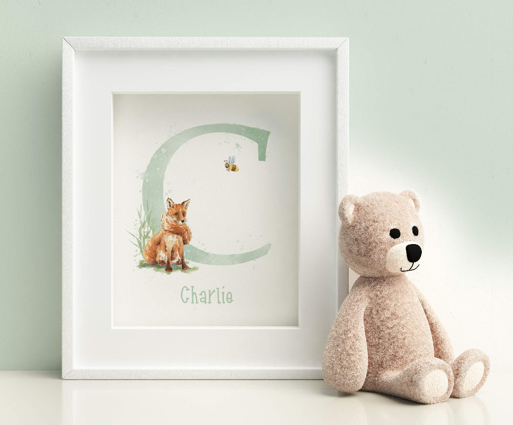 framed picture of cute fox initial print with sage green monogram and name