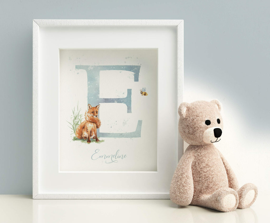 framed monogram print with cute fox, big initial and childs name in duck egg blue