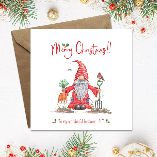 Personalised Christmas card with a gnome illustration and 'Merry Christmas' text, surrounded by festive decorations.
