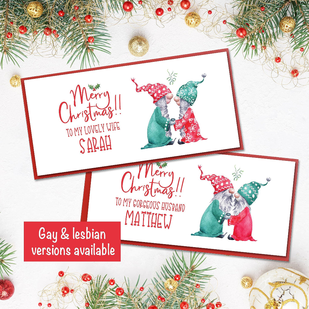 Personalised christmas money wallet for same sex husband or wife with cute gay & lesbian gnomes