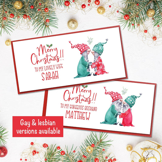 Personalised christmas money wallet for same sex husband or wife with cute gay & lesbian gnomes