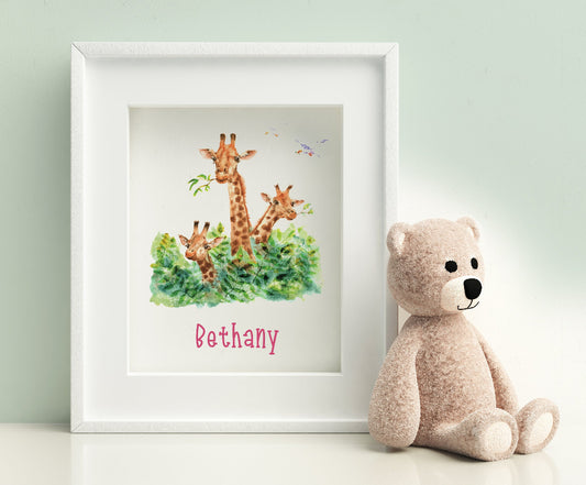 small personalised picture of 3 cute giraffes with name in pink for children's playroom bedroom or nursery